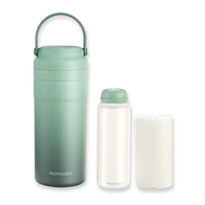 Momcozy Portable Breast Milk Cooler in green with a handle, includes a white bottle and ice pack.