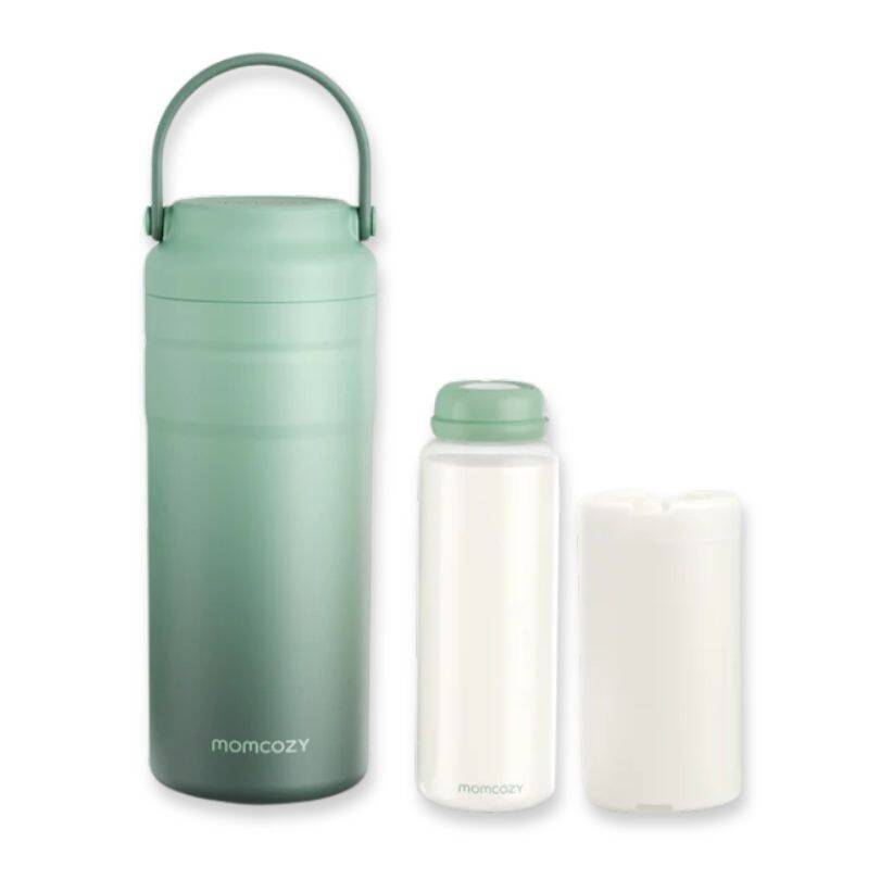Momcozy Portable Breast Milk Cooler in green with a handle, includes a white bottle and ice pack.