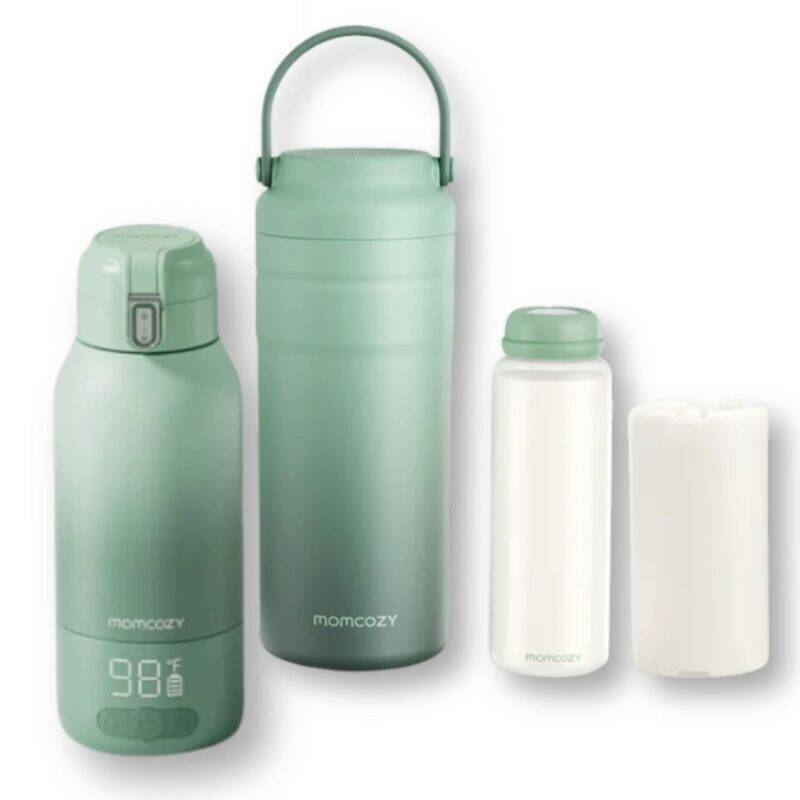 Momcozy On-the-Go Bundle with portable milk warmer and cooler in green, featuring a digital temperature display.