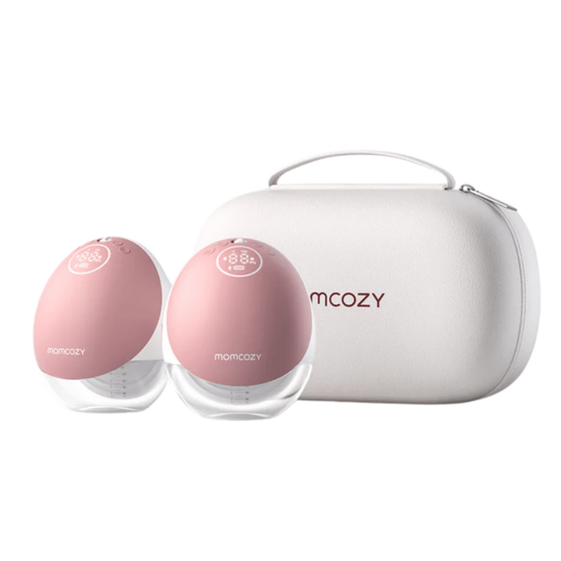 Momcozy Wearable Hands Free Mobile Flow Breast Pump M9 Double in pink with a white carrying case.