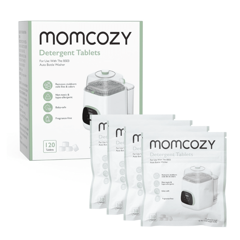 Momcozy Washing Block for KleanPal Pro, 120 detergent tablets in four packs, designed for effective baby bottle cleaning.