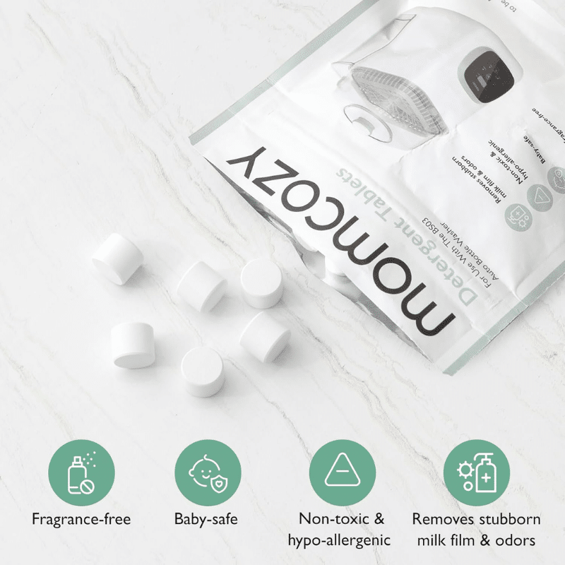 Momcozy Washing Block for KleanPal Pro, 120 fragrance-free detergent tablets, non-toxic and hypoallergenic for baby safety.