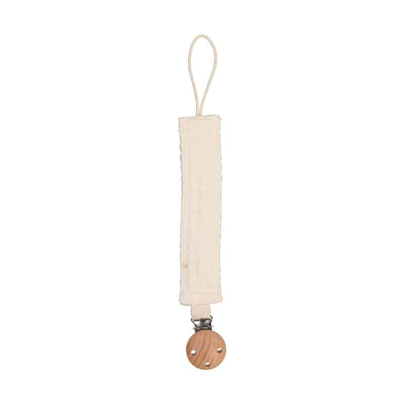 Maccie waffle weave soft dummy clip in ivory with a wooden clip at the end.