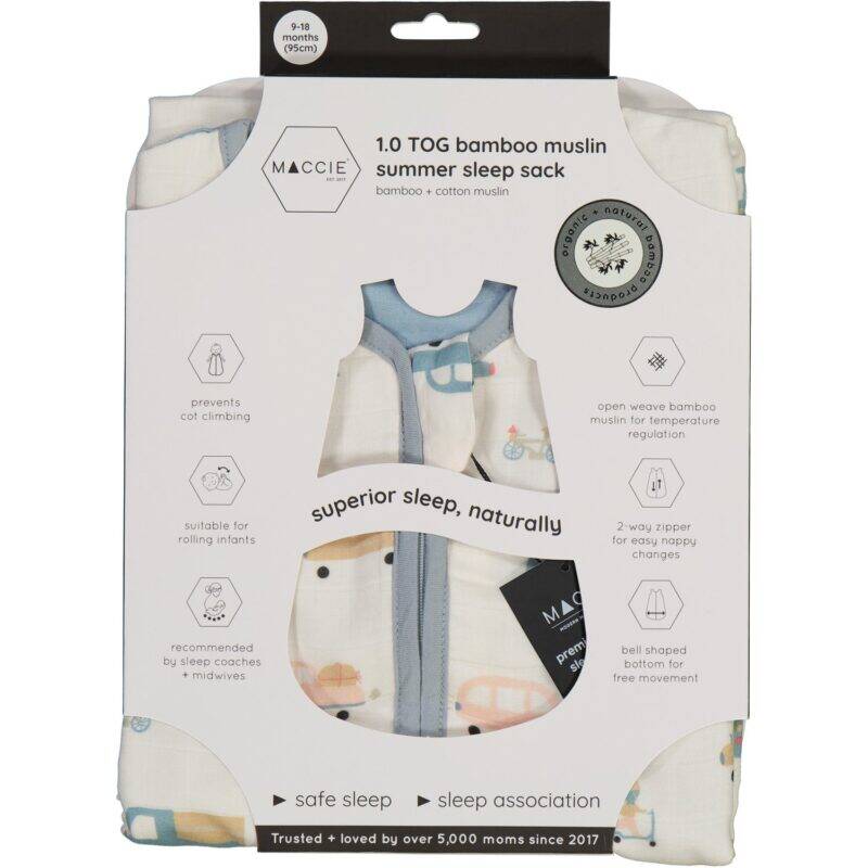 Maccie Summer Sleep Sac for 3-9 months in Beep Beep + blue, featuring scandi animals and green leaves design.