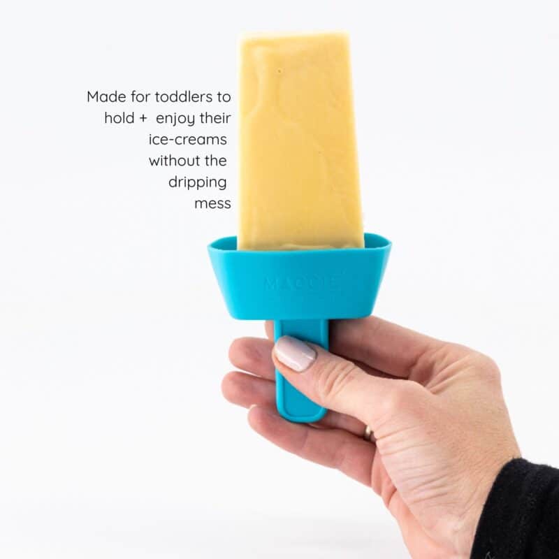 Maccie jolly lolly holder in blue, designed for toddlers to hold ice creams without mess.