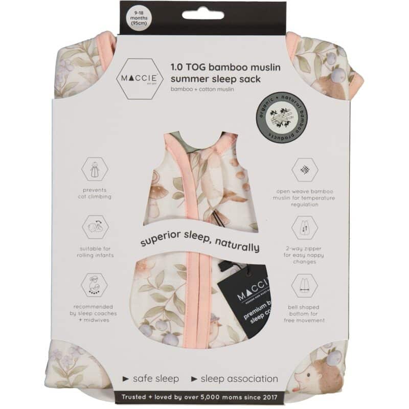 Maccie Summer Sleep Sac in beige with scandi animals, featuring a zip closure and breathable bamboo muslin fabric.
