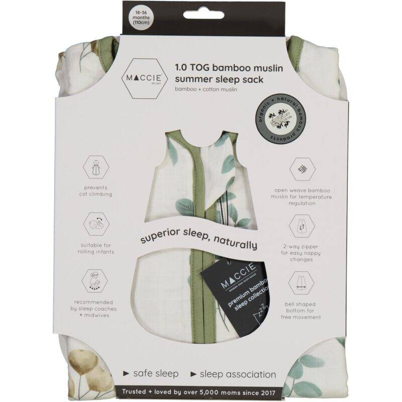 Maccie Summer Sleep Sac for 3-9 months in Beep Beep + blue, featuring green leaves and sage green accents.