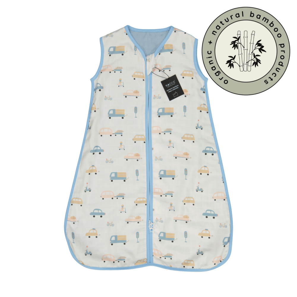 Maccie Summer Sleep Sac for 3-9 months in beep beep + blue with a playful car print and sage green accents.