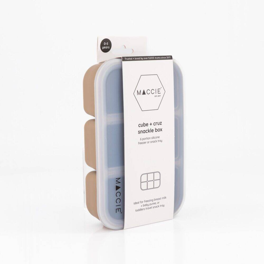Maccie cube + cruz snackle box in sage green and taupe, featuring a freezer tray for easy snack storage.