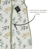 Maccie Summer Sleep Sac for 3-9 months in beige with green leaves, featuring a convenient two-way zipper for easy changes.