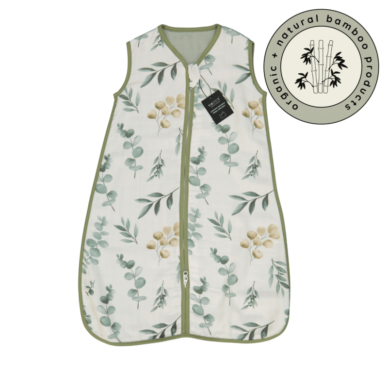 Maccie Summer Sleep Sac for 18-36 months in beige with green leaves and scandi animals design, featuring a zip closure.