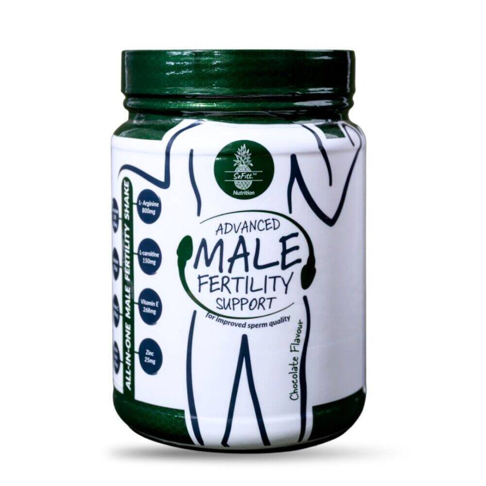 SoFitt™ Advanced Male Fertility Support in a green jar with a chocolate flavor label, promoting improved sperm quality.