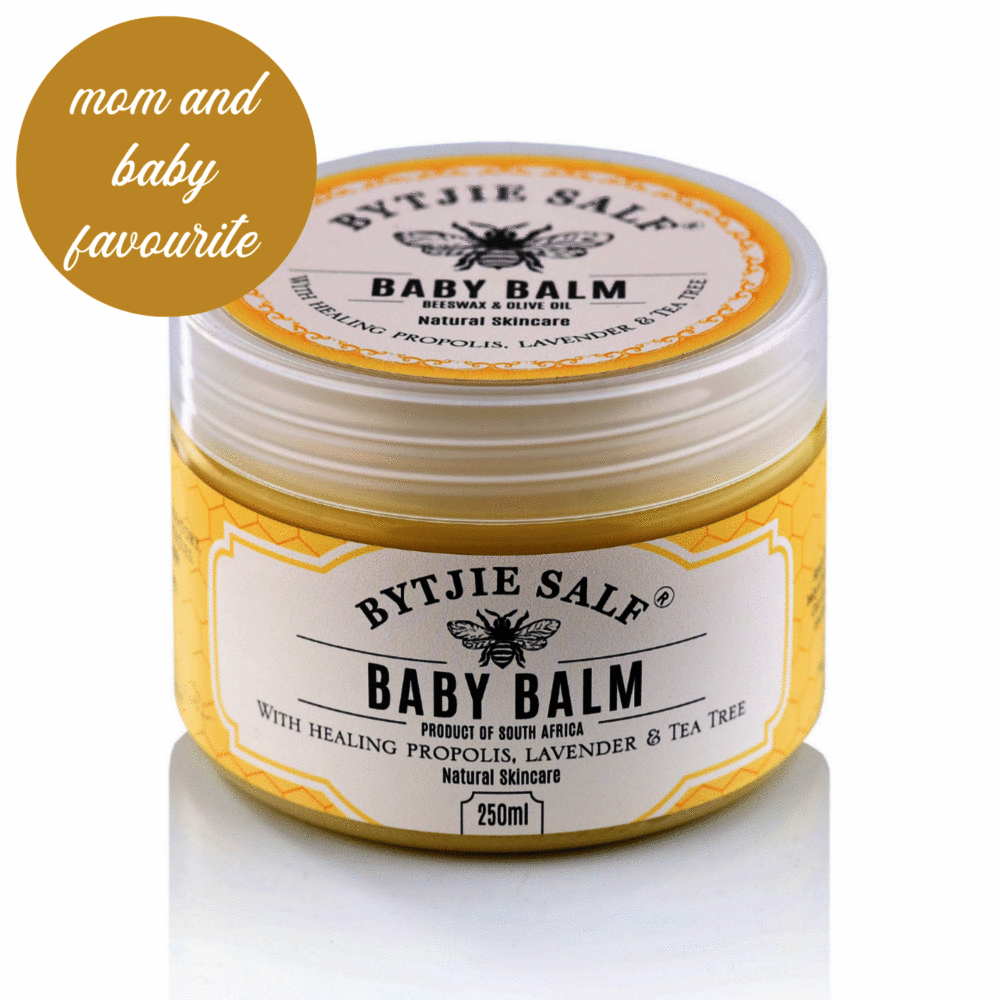 Bytjie Salf Baby Balm in a 250ml yellow container, featuring healing propolis, lavender, and tea tree.