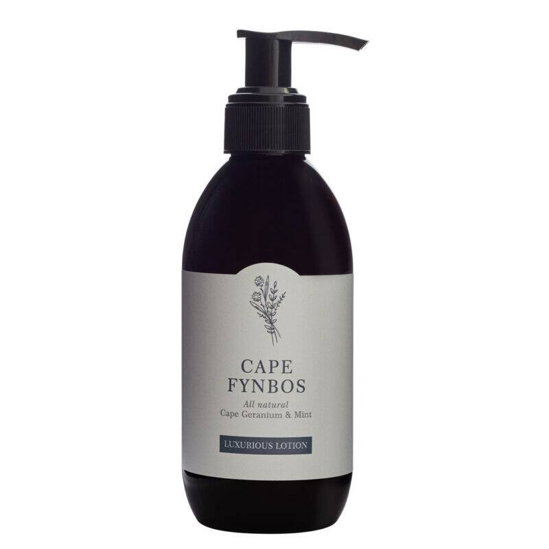 Bytjie Salf Cape Fynbos Lotion in a dark pump bottle, featuring a label with botanical design and text.