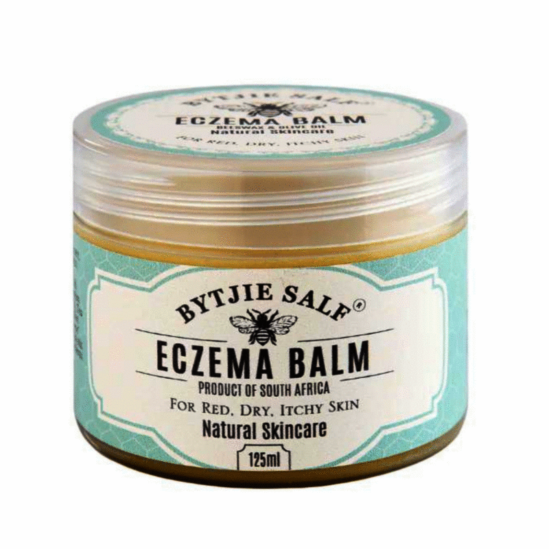 Bytjie Salf Eczema Balm, 125ml, in a clear jar with a light blue label, designed for red, dry, and itchy skin.