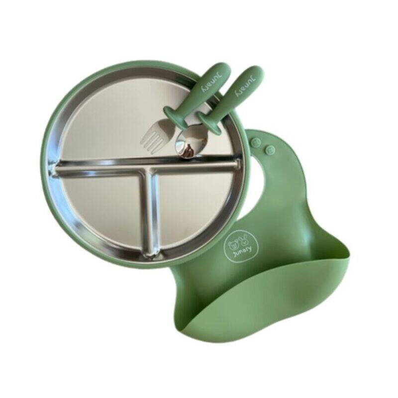 Junary Little Gripper Starter Kit in green, featuring a divided stainless steel plate and matching utensils with a grip