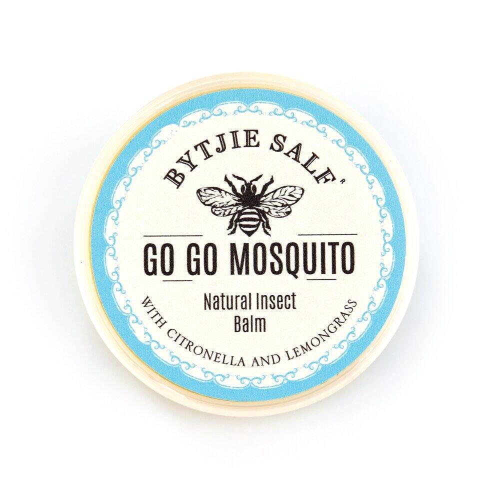 Bytjie Salf Go Go Mosquito natural insect balm, 125ml, features a bee logo and is infused with citronella and lemongrass.