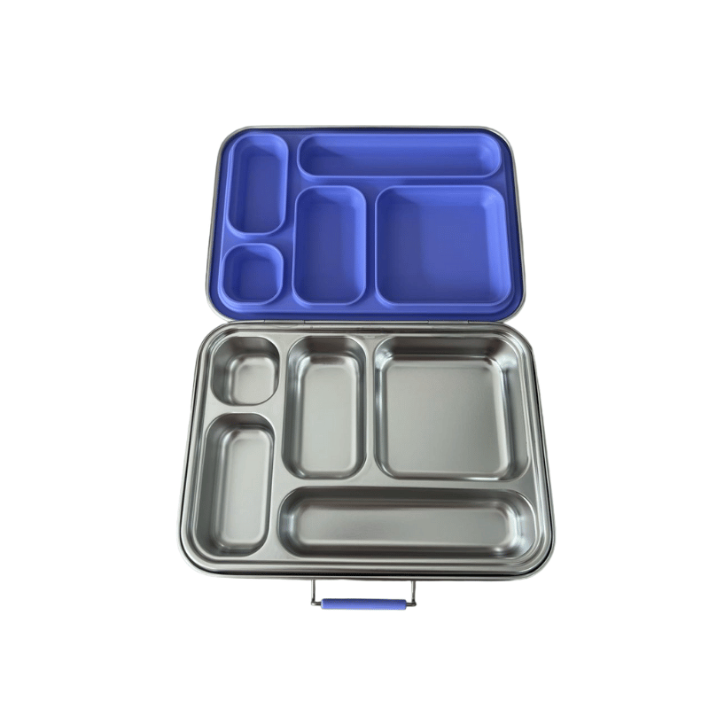 Junary Big Day Bento, stainless steel lunchbox with a blue silicone insert and multiple compartments for meal organization.