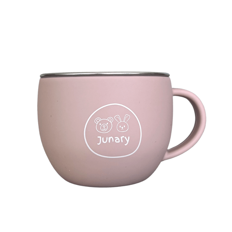 Junary Mighty Sips Cup in soft pink with a cute bear and bunny design, featuring a sturdy handle for easy grip.