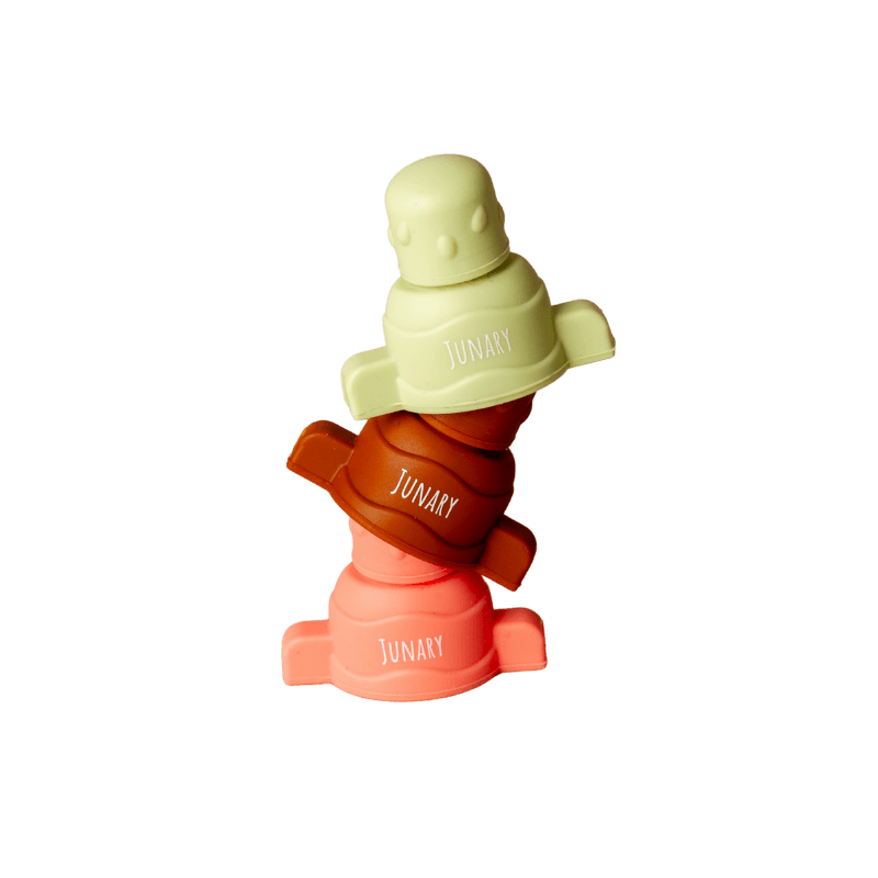 Junary Tiny Toppers Duo in pastel colors, featuring a stack of four silicone toppers with the Junary logo.