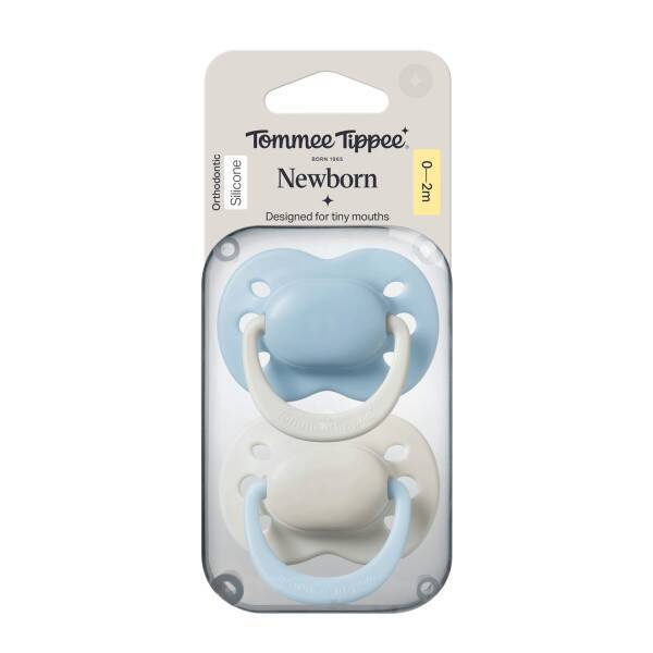 Tommee Tippee Newborn Soother 0-2M 2Pk in blue and white, featuring orthodontic silicone design for tiny mouths.