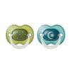 Tommee Tippee Night Glow Soother 18-36M 2Pk in green with stars and blue with moon design, featuring soft handles.