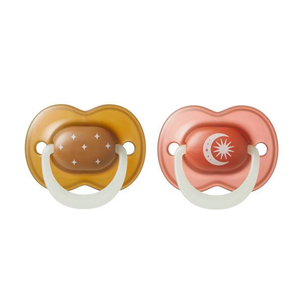 Tommee Tippee Night Glow Soother 18-36M 2Pk in orange and peach with star and moon designs.