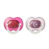 Tommee Tippee Night Glow Soother 18-36M 2Pk in pink and purple with star and moon designs, ideal for soothing infants.