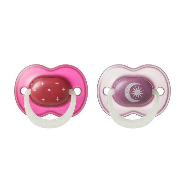 Tommee Tippee Night Glow Soother 18-36M 2Pk in pink and purple with star and moon designs, ideal for soothing infants.