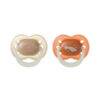 Tommee Tippee Night Glow Soother 0-6M 2Pk in orange and peach with star and comet designs. Ideal for soothing infants.