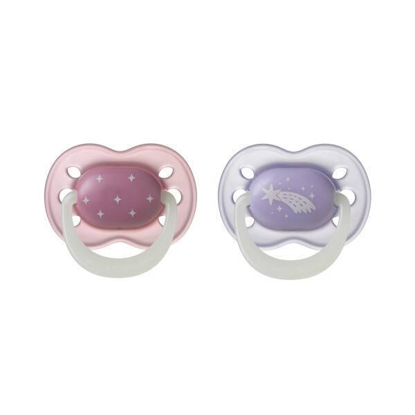 Tommee Tippee Night Glow Soother 0-6M 2Pk in pink and purple with star and comet designs for soothing comfort.