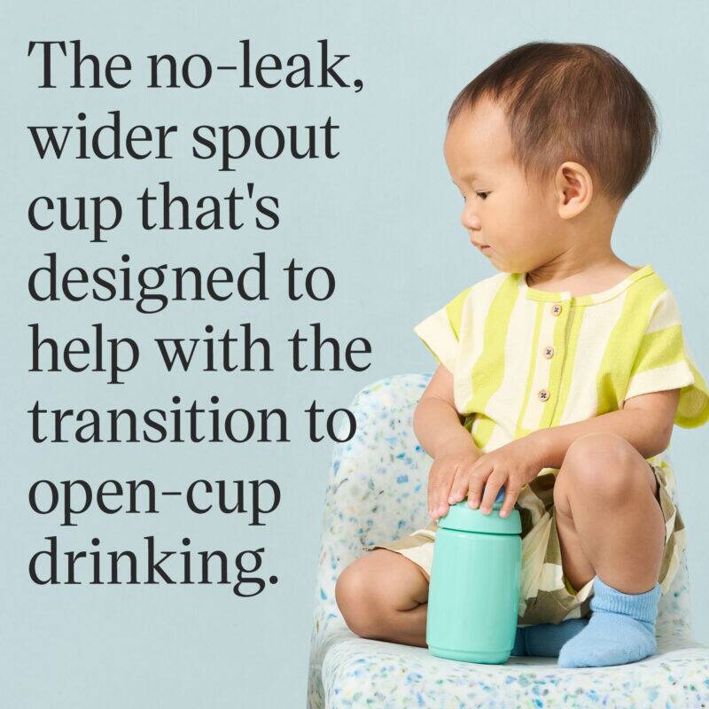 Tommee Tippee Toddler Sipper 390ml in teal, featuring a no-leak design, held by a toddler in a bright setting.