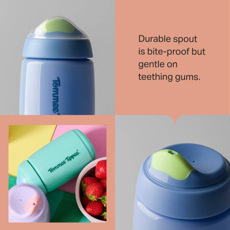 Tommee Tippee Toddler Sipper 390ml in soft blue with a bite-proof spout, ideal for teething toddlers.