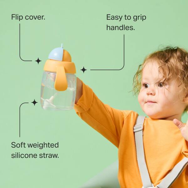 Tommee Tippee Trainer Straw 240ml in neutral color, featuring a flip cover, easy-grip handles, and a soft silicone straw.