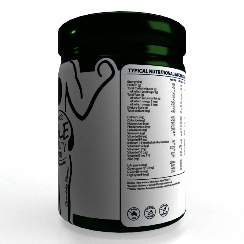 SoFitt™ Advanced Male Fertility Support supplement jar showcasing nutritional information and a unique angled view.