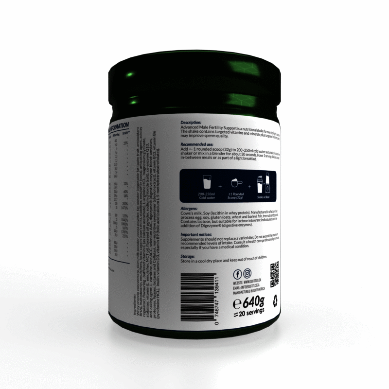SoFitt™ Advanced Male Fertility Support supplement jar, featuring a green lid and detailed nutritional information on the