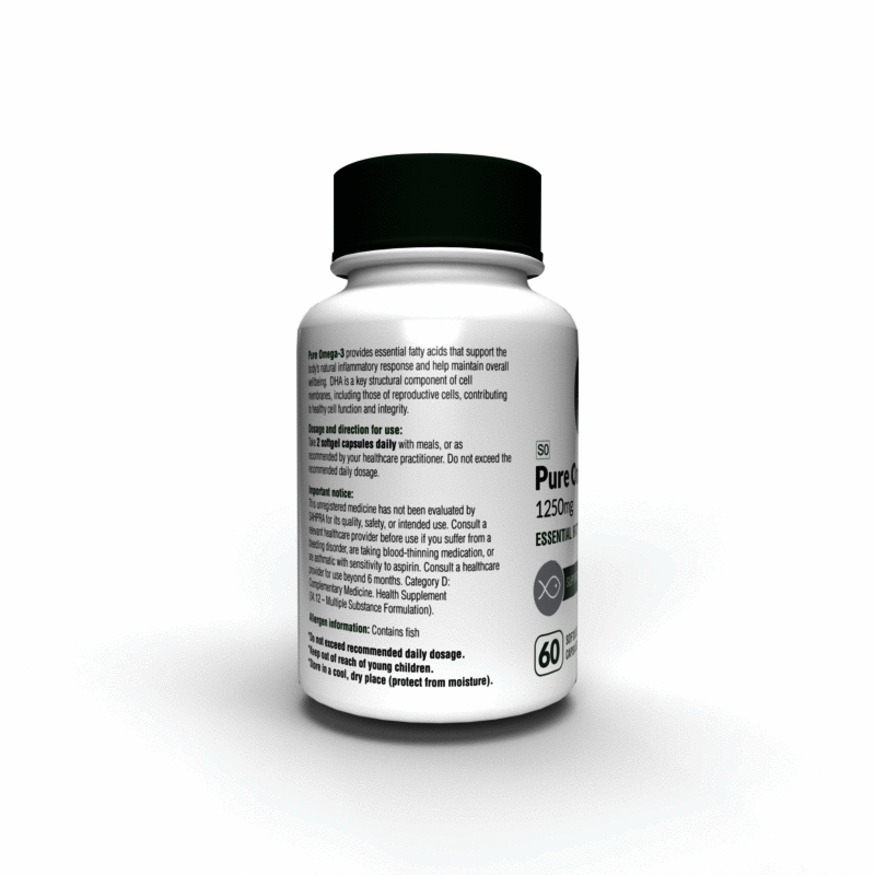 SoFitt™ Pure Omega 3 Softgels bottle, featuring a black cap, with detailed supplement information on the label.