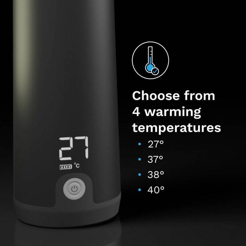 Baby Brezza SuperFast Portable Warmer in sleek black, featuring a digital display showing adjustable temperatures from 27°C