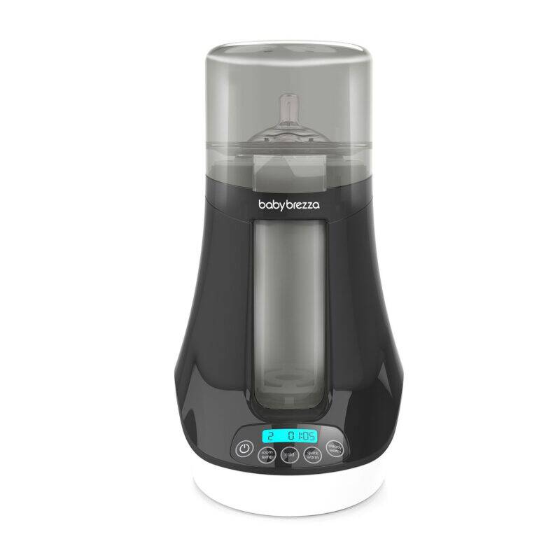Baby Brezza Bottle and Breastmilk Warmer in sleek black with digital display and transparent lid for easy viewing.
