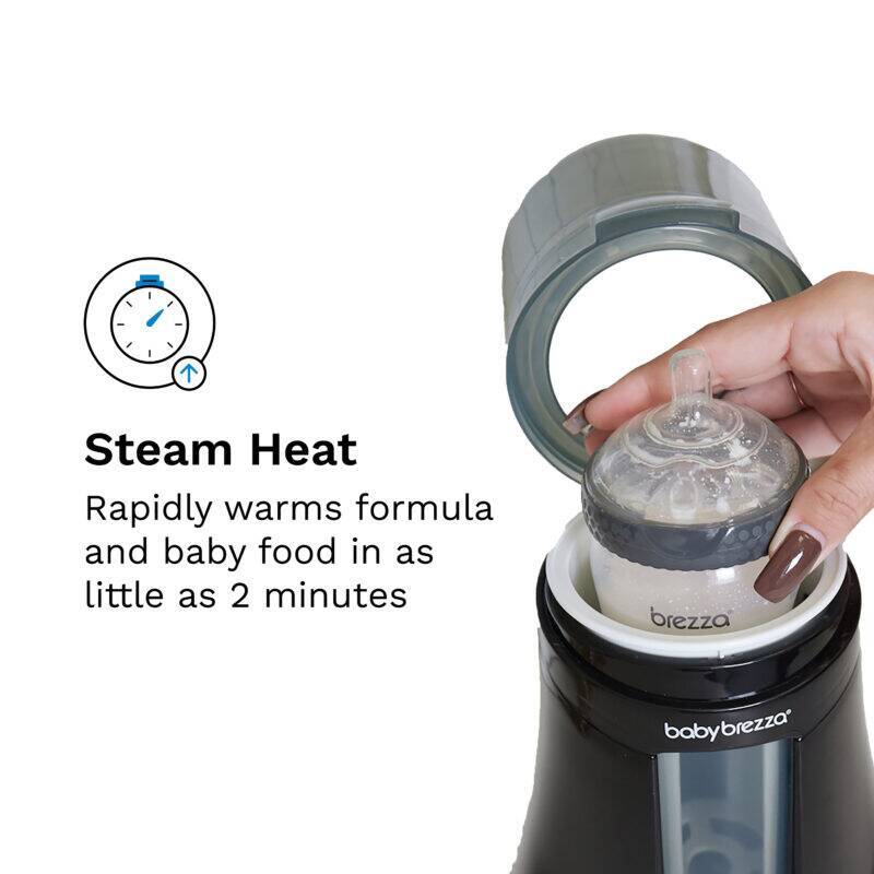 Baby Brezza Bottle + Breastmilk Warmer in black, showcasing steam heat feature for quick warming of formula or baby food.