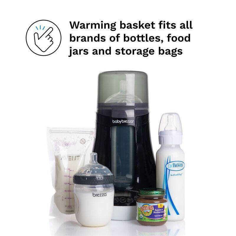 Baby Brezza Bottle and Breastmilk Warmer in black, featuring a warming basket that accommodates various bottles and storage
