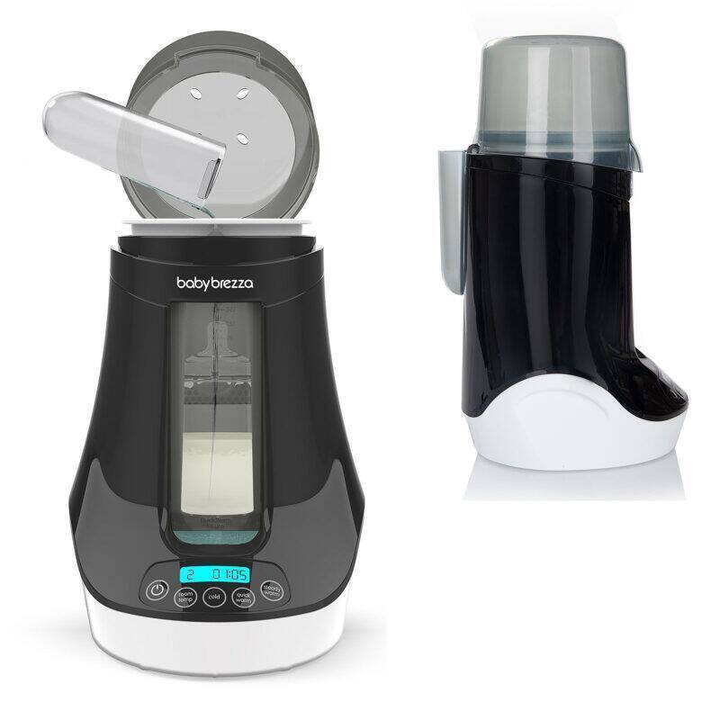Baby Brezza Bottle + Breastmilk Warmer in sleek black and white design, featuring a digital display and removable lid.