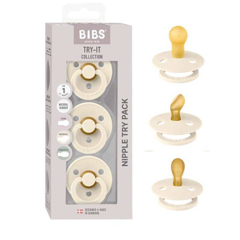 BIBS Try-It Collection 3-Pack Size 1 featuring natural rubber pacifiers in cream and yellow hues.