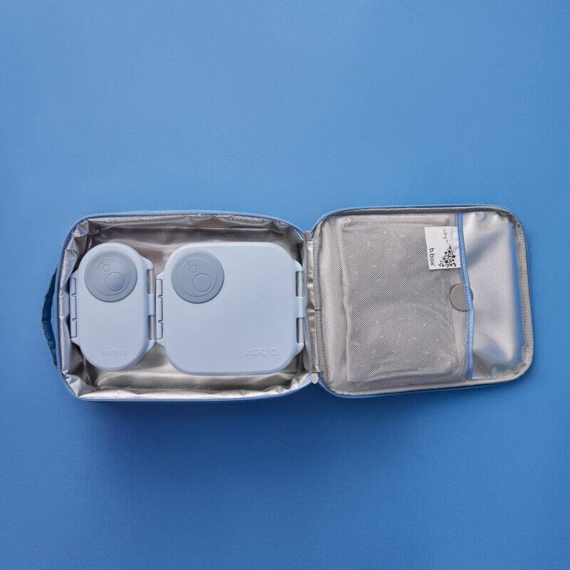 b.box snackbox in blue slate with two compartments, shown inside a zippered insulated case on a blue background.