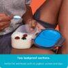b.box snackbox in blue slate with two leakproof sections, shown being used for yogurt and berries. Ideal for on-the-go