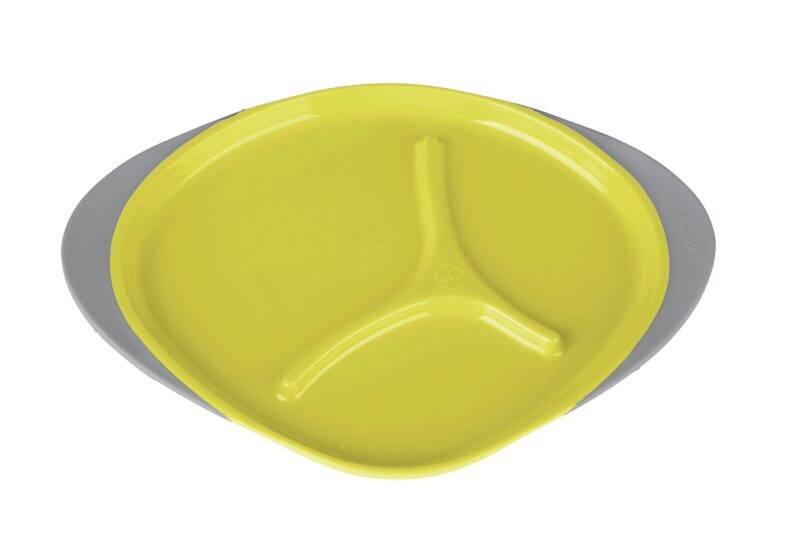 b.box Large Plate in Lemon Sherbet with grey edges, featuring three divided sections for easy meal serving.