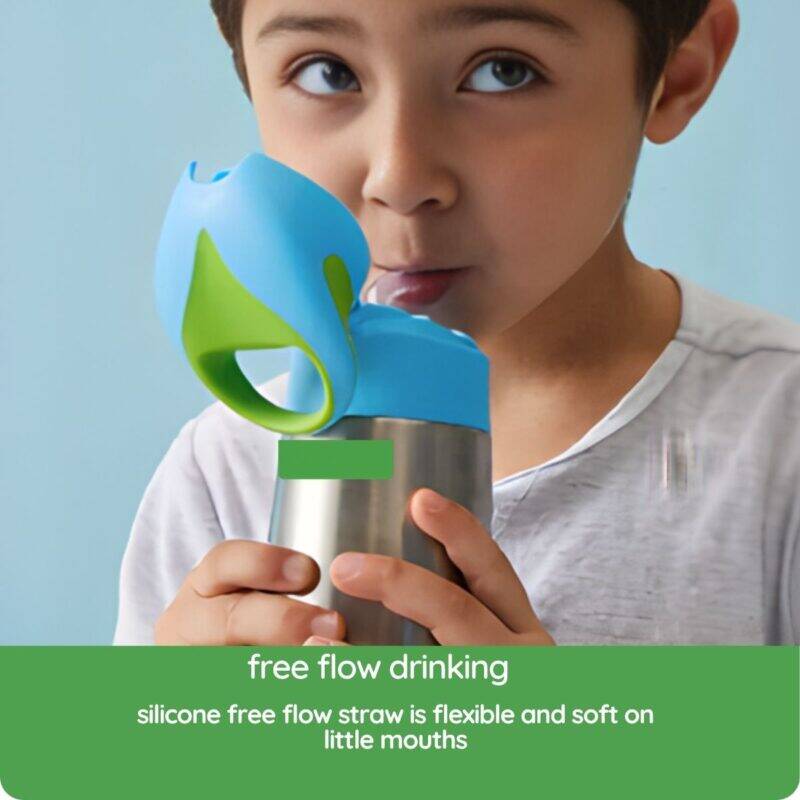 b.box 350ml insulated bottle in ocean breeze, featuring a flexible silicone straw, designed for easy drinking for kids.