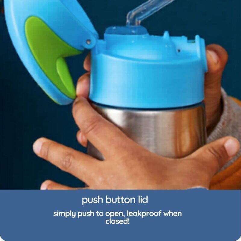 b.box 350ml insulated bottle in ocean breeze with a push-button lid, showcasing a hand holding the bottle.