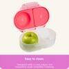 b.box snackbox in blue slate with pink interior, featuring two compartments and an apple for context. Easy to clean design.