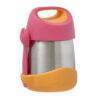 b.box Insulated food jar in pink and orange with a stainless steel body, featuring a built-in fork and a carry handle.
